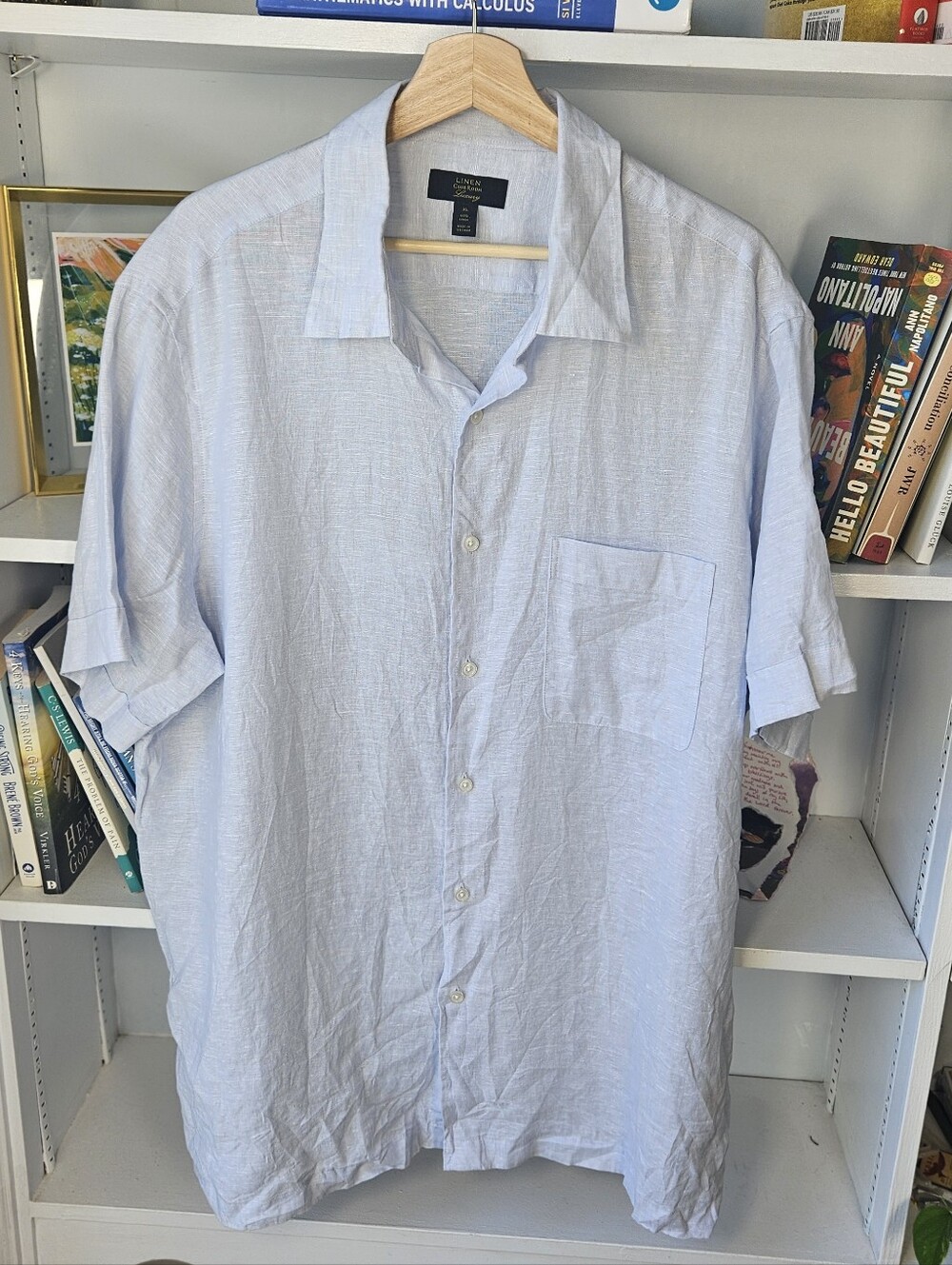 Linen Short Sleeve Button-Up Shirt Light Blue Size XL Summer Beach Capsule